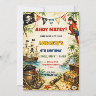 Watercolor Boys Pirate Ship Birthday Invitation