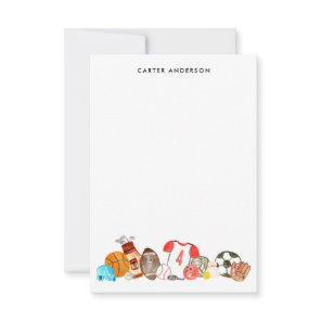 Watercolor Boys Sports Balls All Star Kids Name Note Card