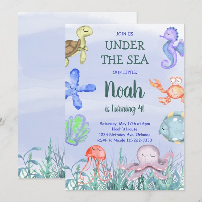 Watercolor Boys Under the Sea Birthday Invitation (Front/Back)