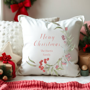 Watercolor branch and berries personalized holiday throw pillow