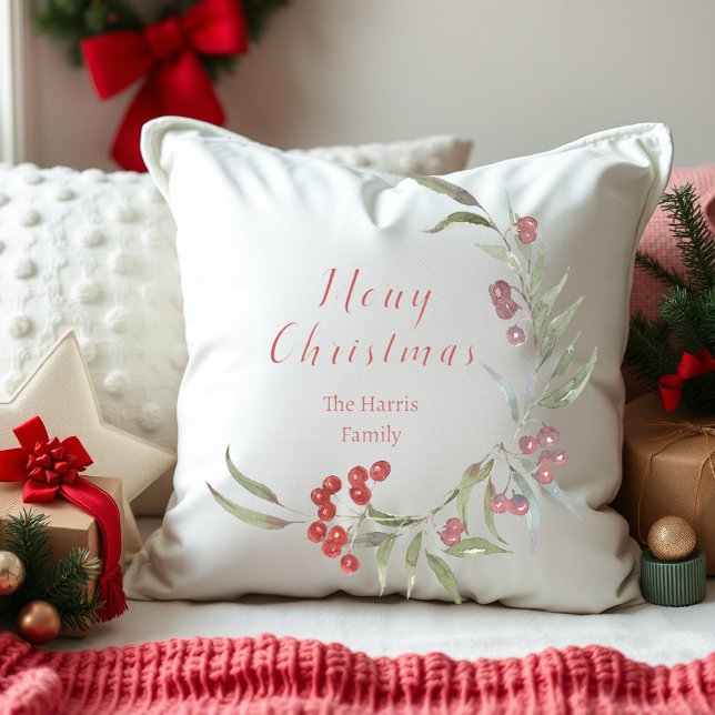 Watercolor branch and berries personalized holiday throw pillow (Creator Uploaded)