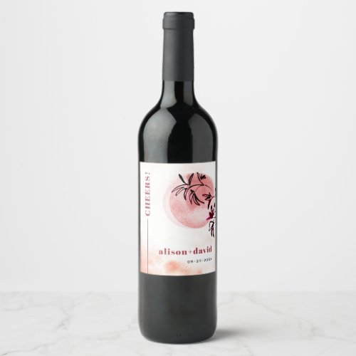 Watercolor branch and moon Japandi CHEERS wedding Wine Label