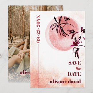 Watercolor branch and moon Japandi photo Save The Date