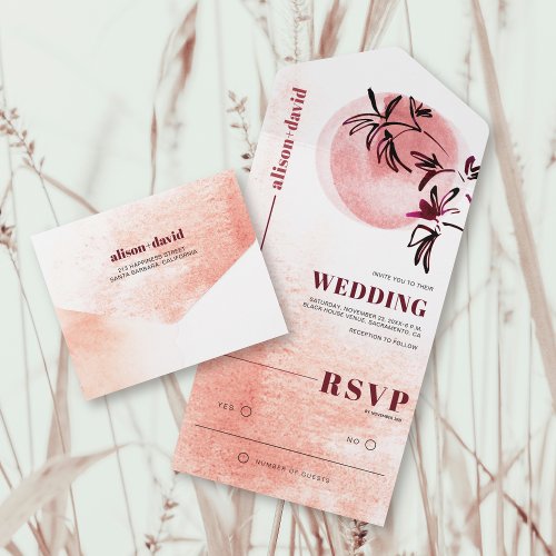 Watercolor branch and moon Japandi wedding All In One Invitation