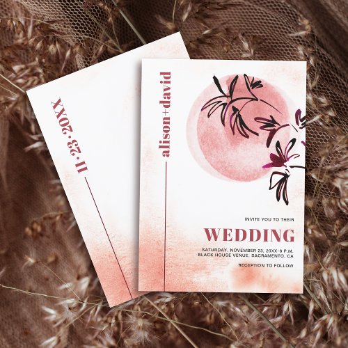 Watercolor branch and moon Japandi wedding Invitation