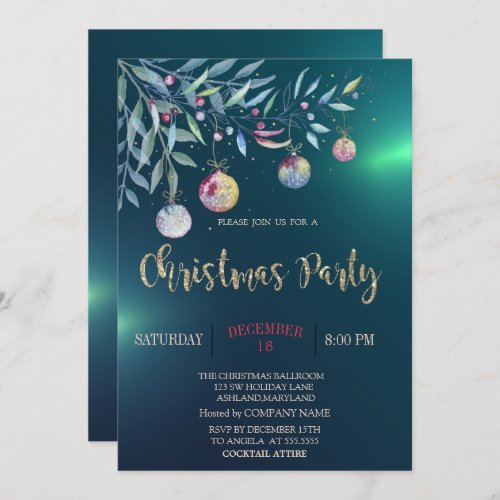 Watercolor BranchBallsGreen Company Party Invitation
