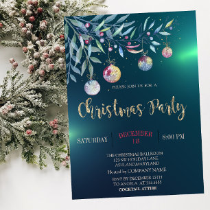 Watercolor Branch,Balls,Green Company Party Invitation