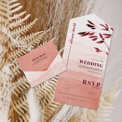 Watercolor branch terracotta Japandi wedding All In One Invitation