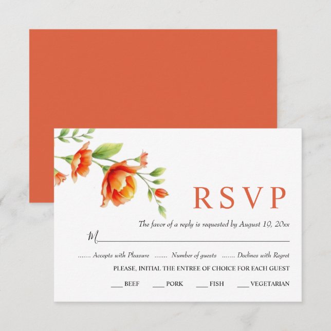Watercolor branch with orange flowers wedding RSVP card (Front/Back)
