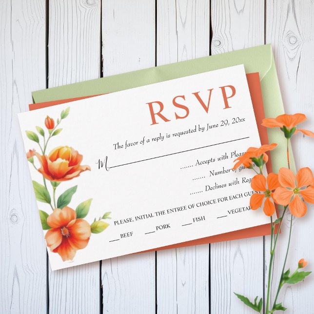 Watercolor branch with orange flowers wedding RSVP card (Creator Uploaded)