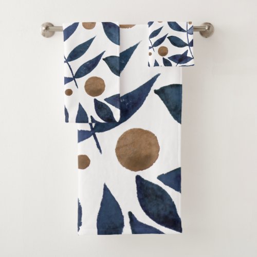 Watercolor branches and berries _ indigo and beig bath towel set
