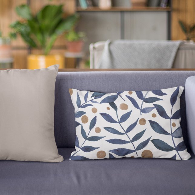 Watercolor branches and berries - indigo and beige accent pillow (Creator Uploaded)