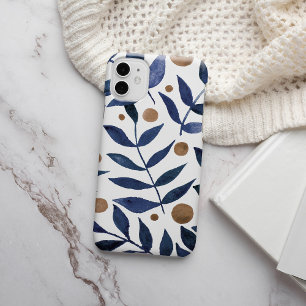 Watercolor branches and berries - indigo and beige iPhone 13 case