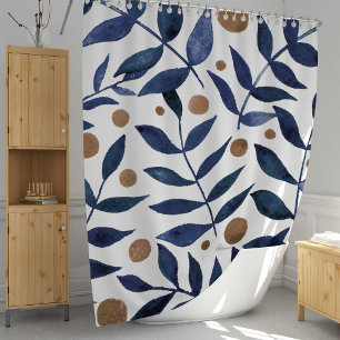 Watercolor branches and berries - indigo and beige shower curtain