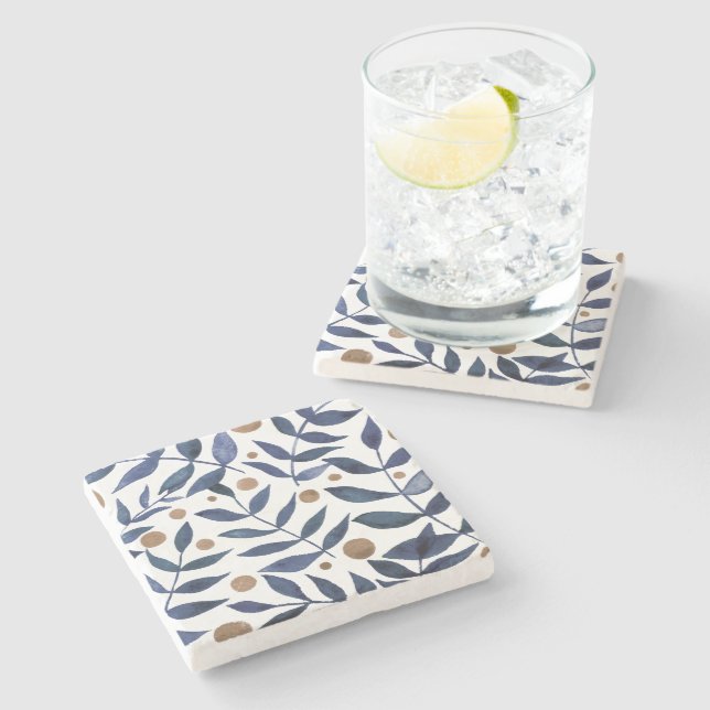 Watercolor branches and berries - indigo and beige stone coaster (Side)