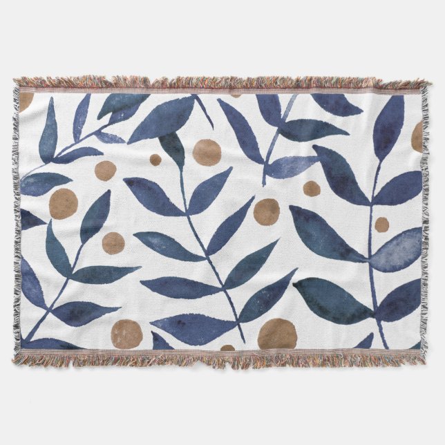 Watercolor branches and berries - indigo and beige throw blanket (Front)