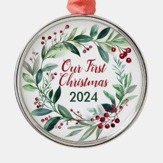 Watercolor Branches and Berries Wreath Ornament