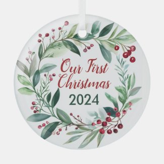 Watercolor Branches and Berries Wreath Ornament