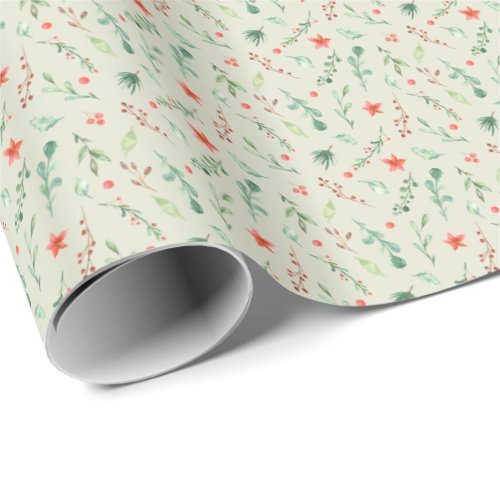 Watercolor Branches and Holly Berries Christmas Wrapping Paper