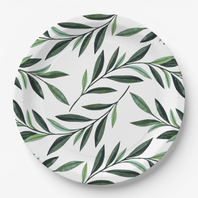 Watercolor Branches Pattern Paper Plates (Front)