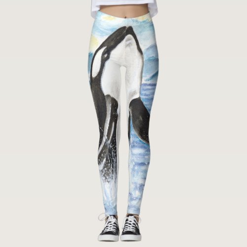 Watercolor Breaching Orca Whale Leggings