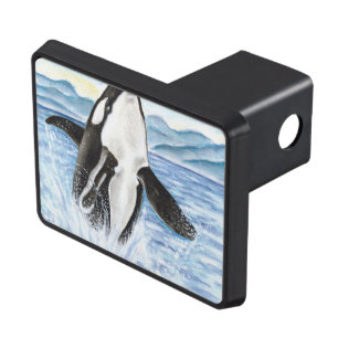 Watercolor Breaching Orca Whale Trailer Hitch Cover