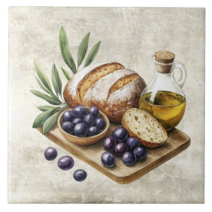 Watercolor Bread Olives Tuscany Faux Texture Ceramic Tile