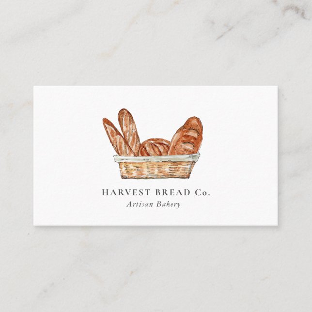 Watercolor Breads in Basket  Bakery Business Card (Front)