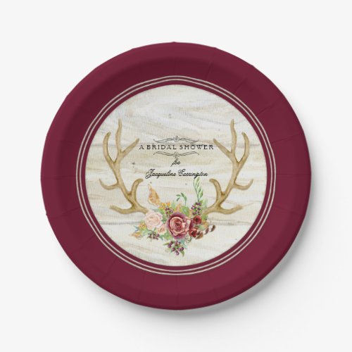 Watercolor Bridal Shower Boho Deer Antler Red Rose Paper Plates