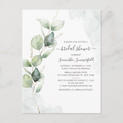 Watercolor Bridal Shower Eucalyptus Script Floral Invitation Postcard
