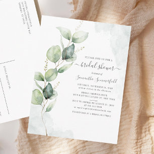 Watercolor Bridal Shower Eucalyptus Script Floral Invitation Postcard