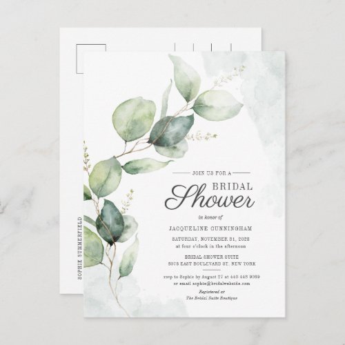 Watercolor Bridal Shower Eucalyptus Script Floral Invitation Postcard