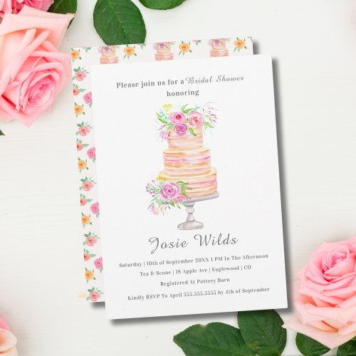 Watercolor Bridal Shower Layered Cake With Roses Invitation