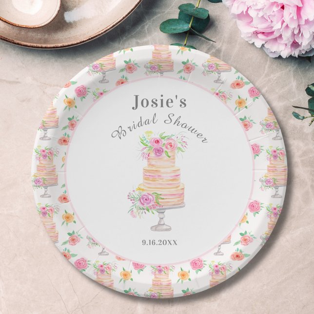 Watercolor Bridal Shower Layered Rose Cake Pattern Paper Plates (Creator Uploaded)