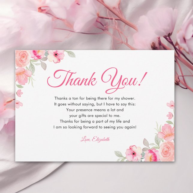 Watercolor Bridal Shower | Pink Flowers Thank You Card (Creator Uploaded)
