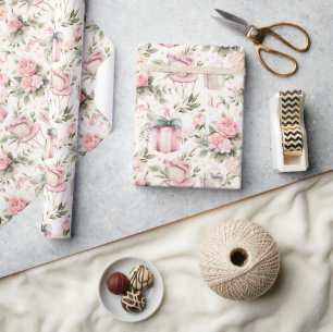 Watercolor Bridal Shower - pink roses and gift box Wrapping Paper