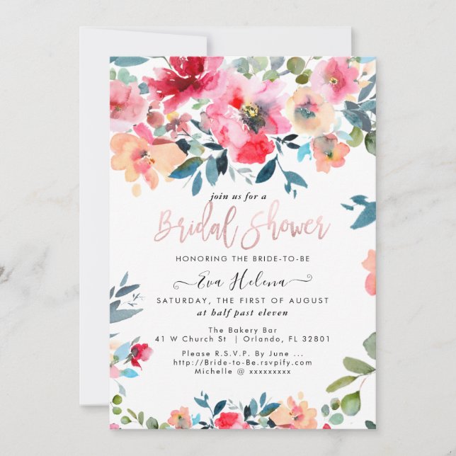 Watercolor Bridal Shower, Red Garden Roses Invitation (Front)