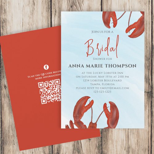 Watercolor Bridal Shower Red Lobster QR Code  Invitation