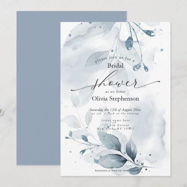 Watercolor Bridal Shower Rustic Blue Foliage  Invitation (Front/Back)