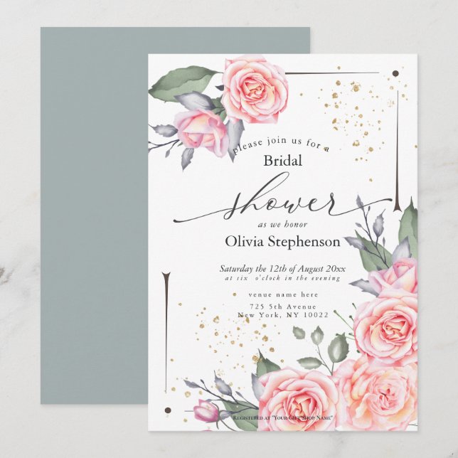 Watercolor Bridal Shower Rustic Pink Roses  Invitation (Front/Back)