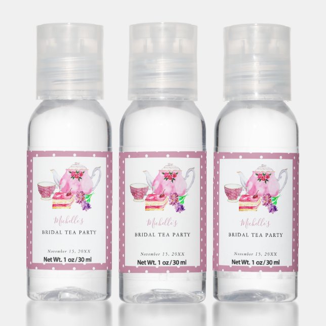 Watercolor Bridal Shower Tea Party Pink Teapot Hand Sanitizer (Set)
