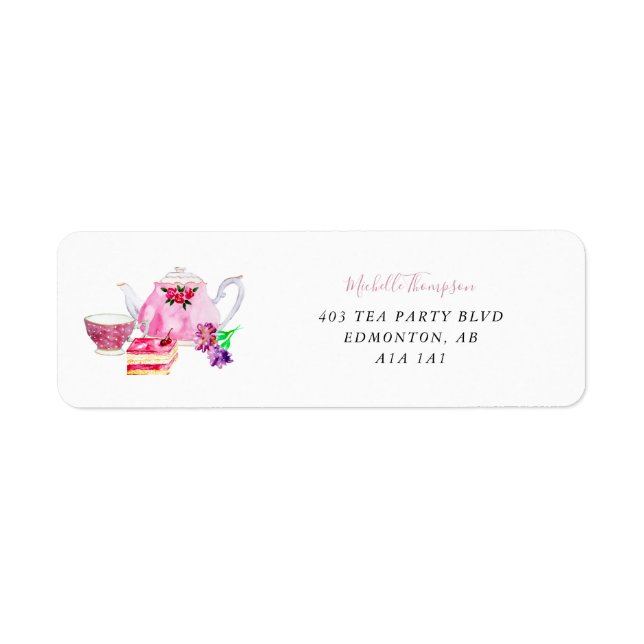 Watercolor Bridal Shower Tea Party Pink Teapot Label (Front)