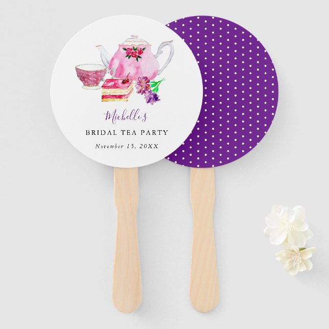 Watercolor Bridal Shower Tea Party Purple Teapot Hand Fan (Front and Back)