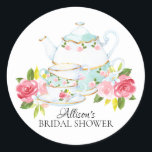Watercolor Bridal ShowerTea Party Sticker<br><div class="desc">Pretty tea bridal shower favor sticker featuring a vintage tea pot & tea cups with pink watercolor flowers</div>