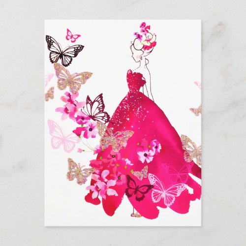 Watercolor Bride Floral Butterfly Gold Glitter Holiday Postcard