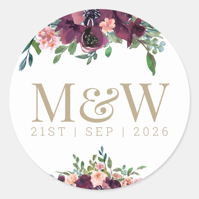 Watercolor Bride Groom Monogram Gold White Classic Round Sticker (Front)