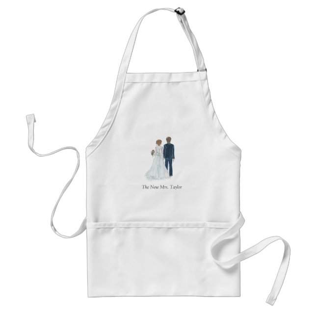 Watercolor Bride & Groom Newlywed Baking Cooking Adult Apron (Front)