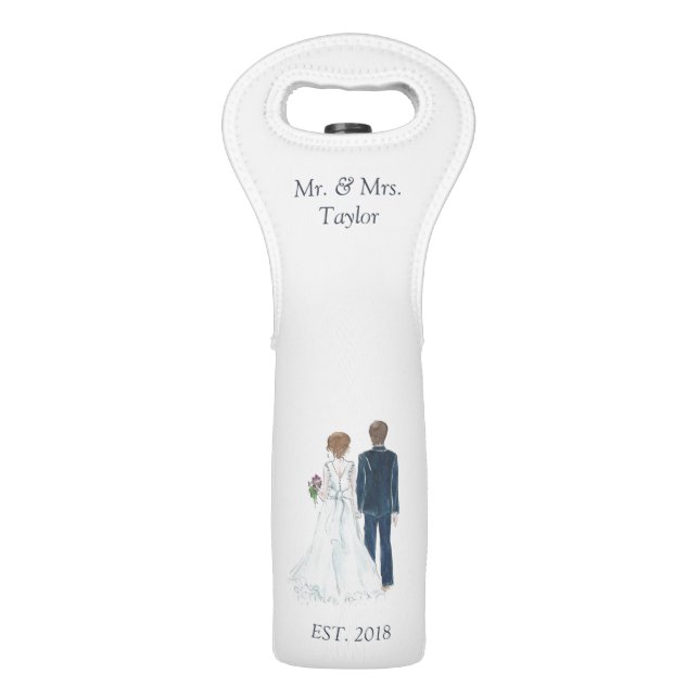 Watercolor Bride & Groom Newlywed Dinner Party Wine Bag (Front)
