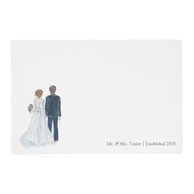 Watercolor Bride & Groom Newlywed Mr Mrs Table Placemat (Front)