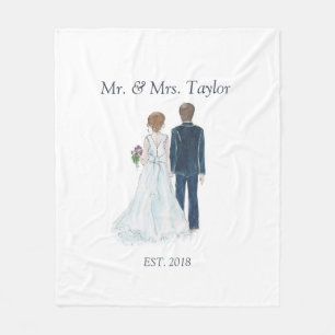 Watercolor Bride & Groom Newlywed Mr Mrs Wedding Fleece Blanket